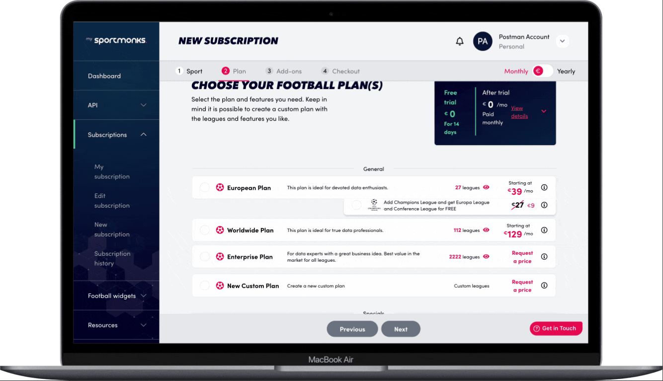 Choosing a custom plan and checking the leagues of a default plan