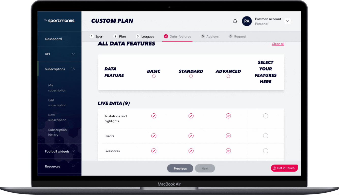 Selecting data features for your custom plan