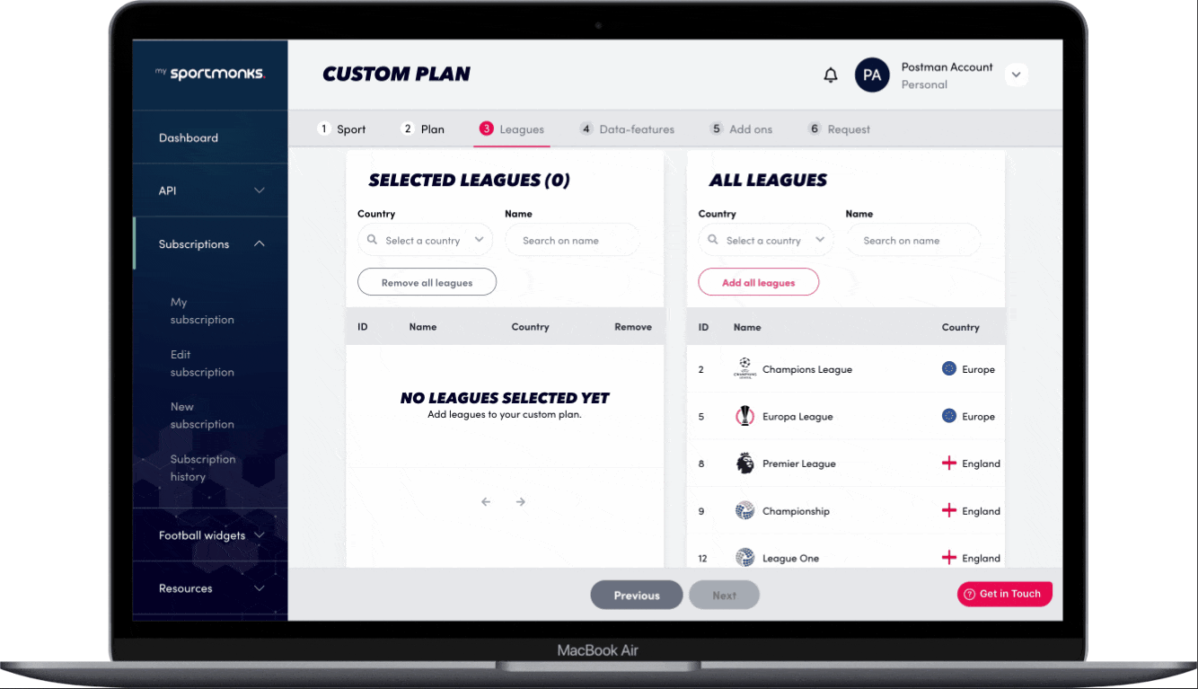 Selecting leagues for your custom plan