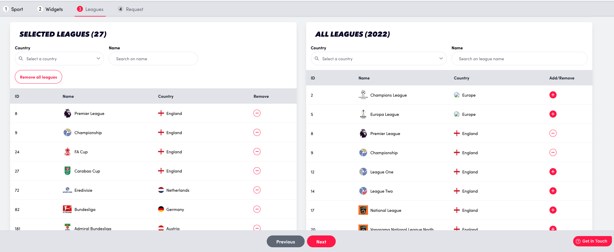 This is the selecting leagues screen